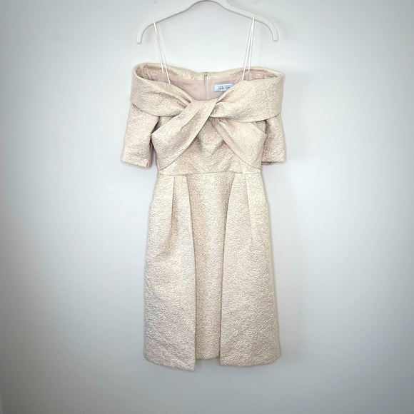 Rickie Freeman Teri Jon METALLIC JACQUARD OFF THE SHOULDER  PLEATED DRESS - Picture 6 of 15